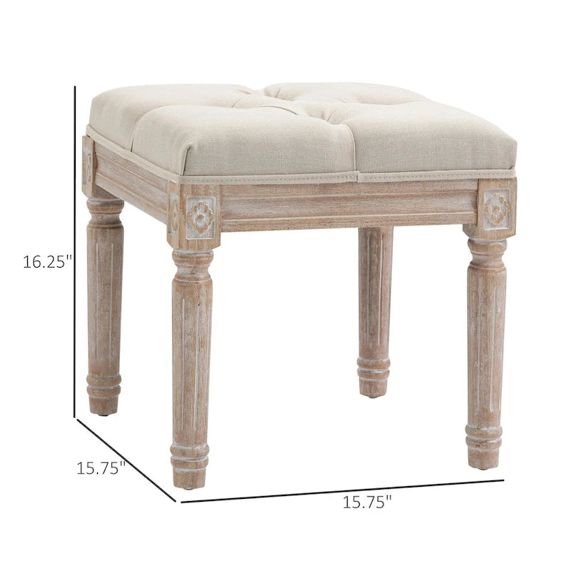 Pouffe carré capitonné en lin avec pieds sculptés en hévéa de 40 cm