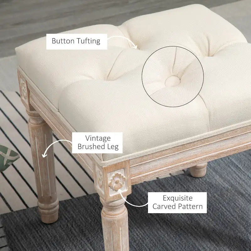 Pouffe carré capitonné en lin avec pieds sculptés en hévéa de 40 cm