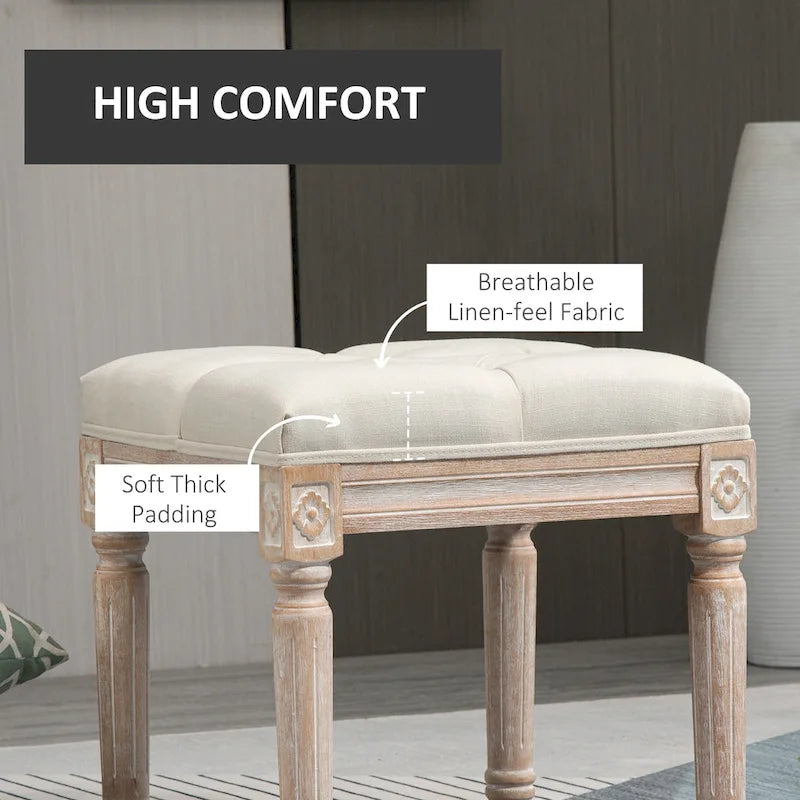 Pouffe carré capitonné en lin avec pieds sculptés en hévéa de 40 cm