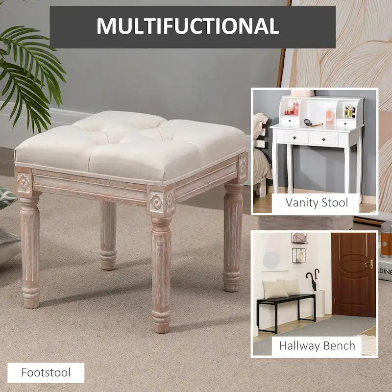 Pouffe carré capitonné en lin avec pieds sculptés en hévéa de 40 cm