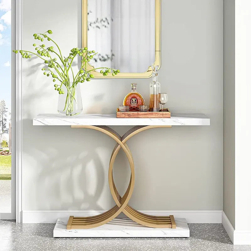 Console étroite Plateau en faux marbre Piètement géométrique courbé en métal doré