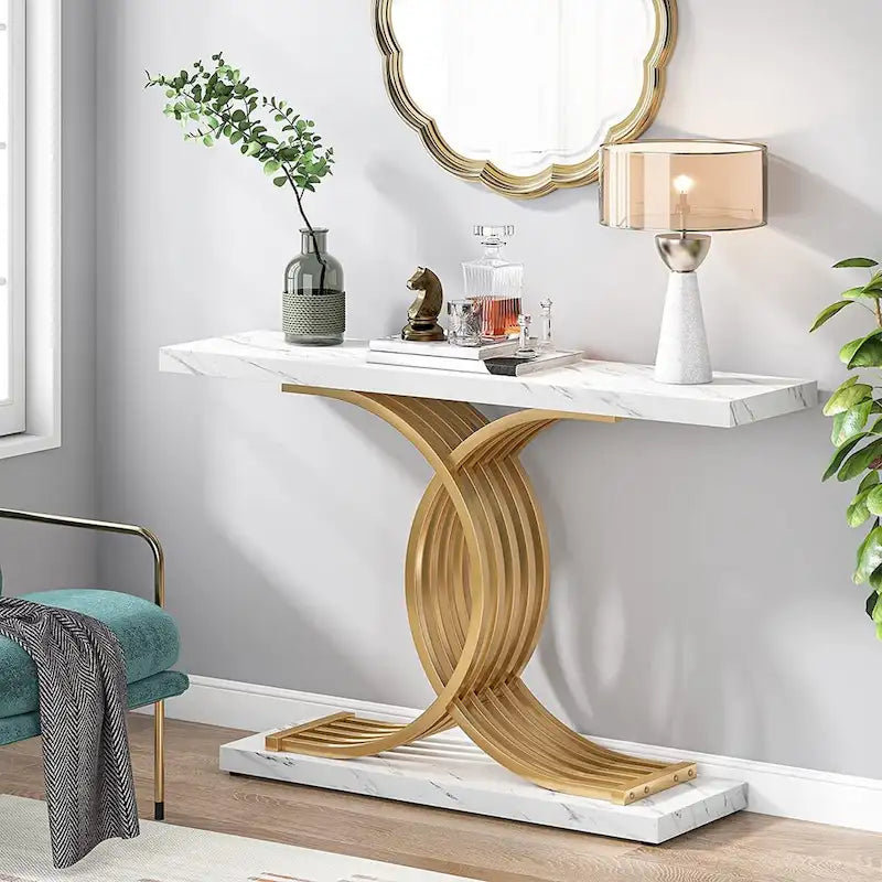 Console étroite Plateau en faux marbre Piètement géométrique courbé en métal doré