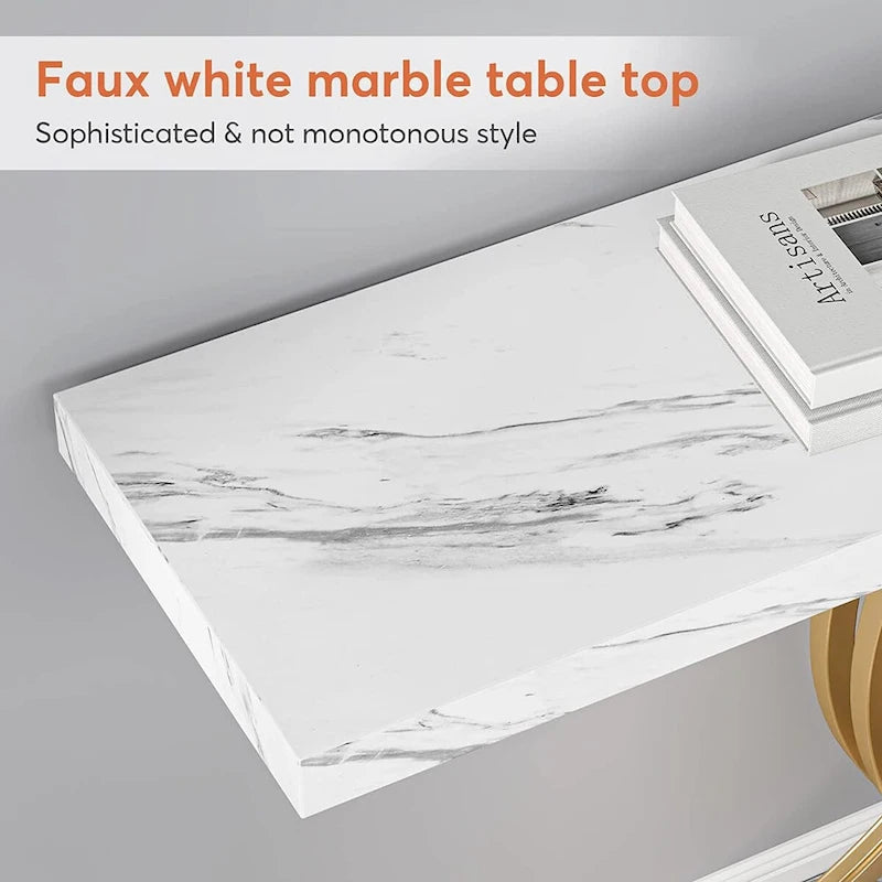 Console étroite Plateau en faux marbre Piètement géométrique courbé en métal doré