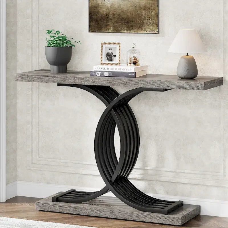 Console étroite Plateau en faux marbre Piètement géométrique courbé en métal doré