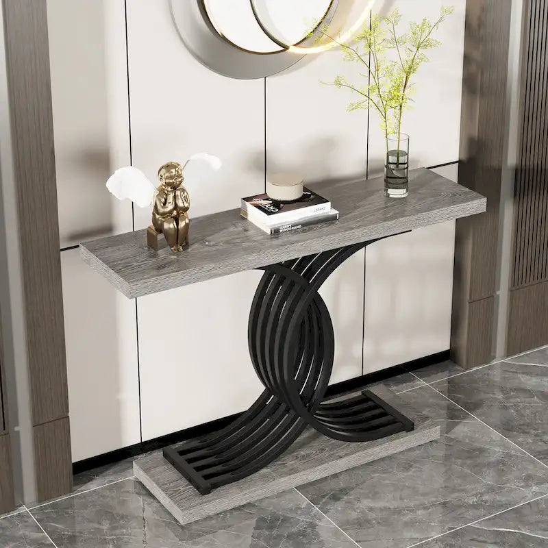 Console étroite Plateau en faux marbre Piètement géométrique courbé en métal doré