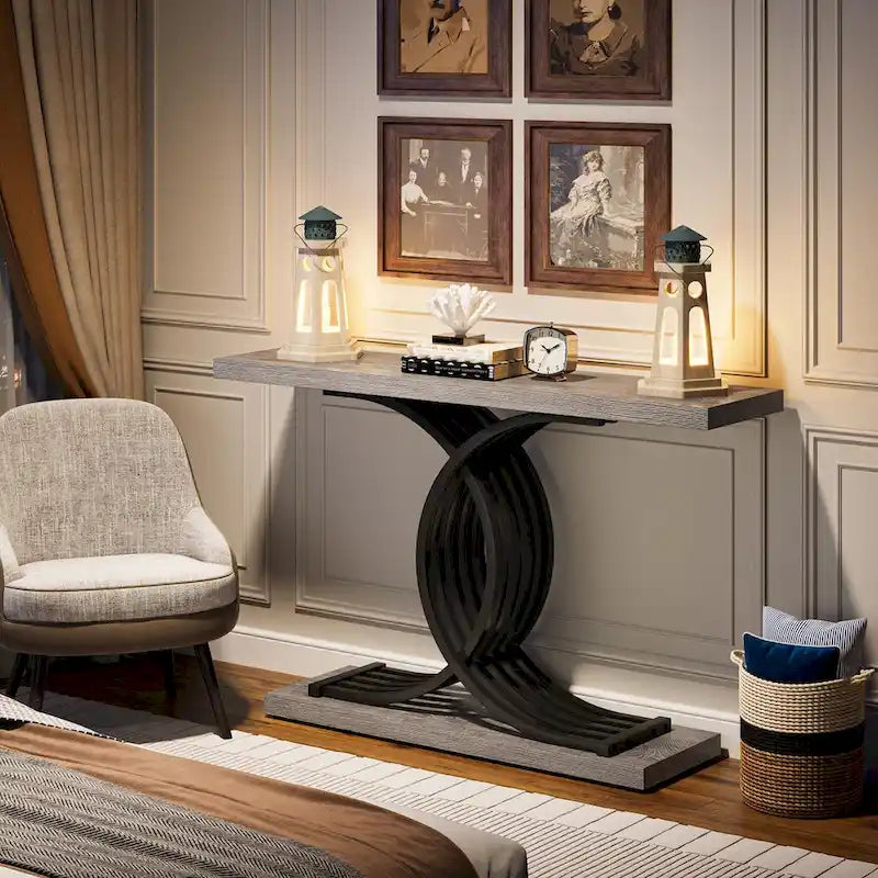 Console étroite Plateau en faux marbre Piètement géométrique courbé en métal doré
