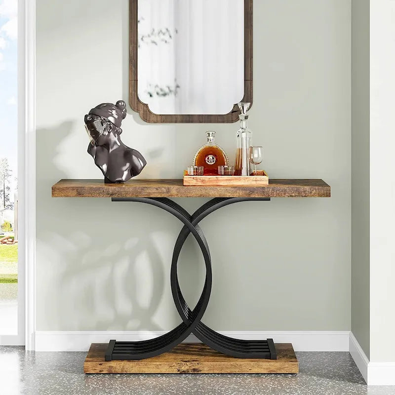 Console étroite Plateau en faux marbre Piètement géométrique courbé en métal doré