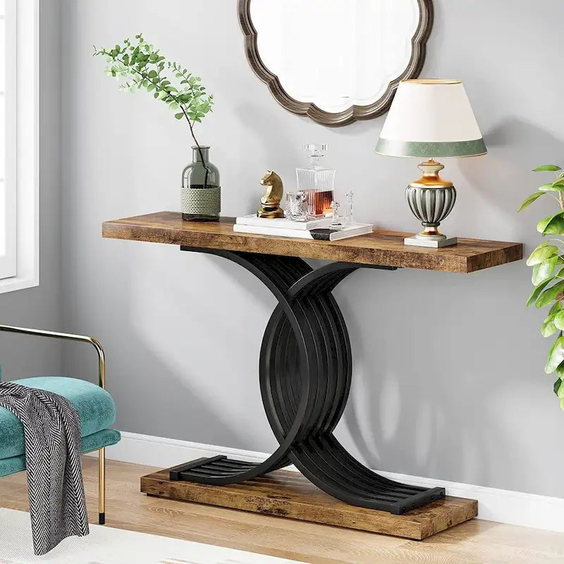 Console étroite Plateau en faux marbre Piètement géométrique courbé en métal doré