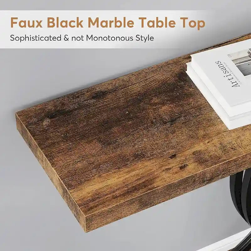 Console étroite Plateau en faux marbre Piètement géométrique courbé en métal doré