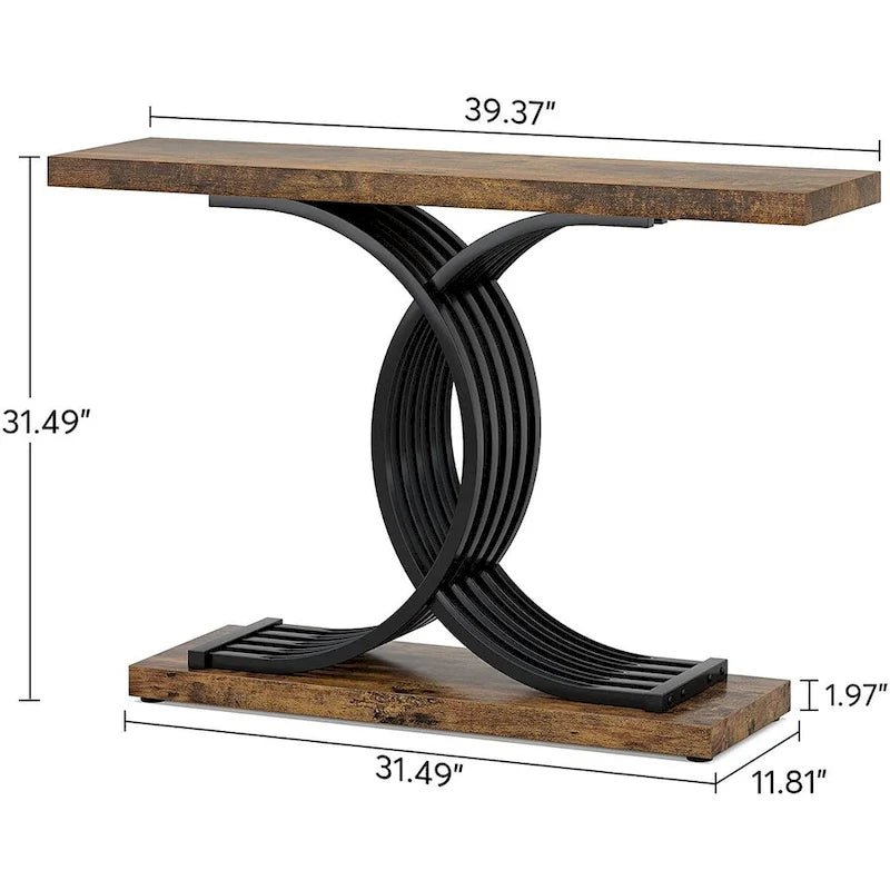 Console étroite Plateau en faux marbre Piètement géométrique courbé en métal doré