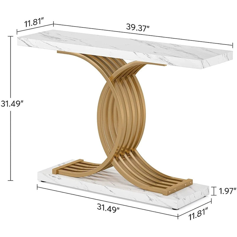 Console étroite Plateau en faux marbre Piètement géométrique courbé en métal doré