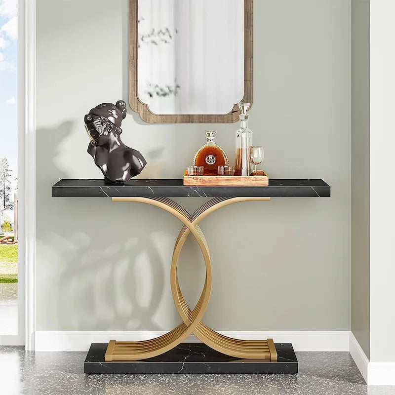 Console étroite Plateau en faux marbre Piètement géométrique courbé en métal doré