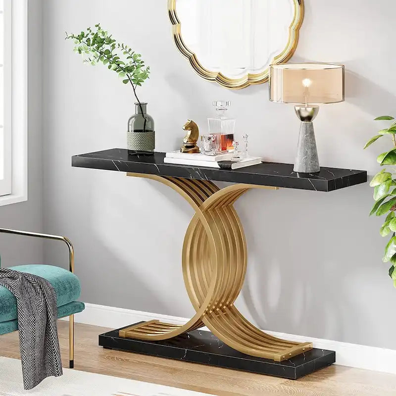 Console étroite Plateau en faux marbre Piètement géométrique courbé en métal doré