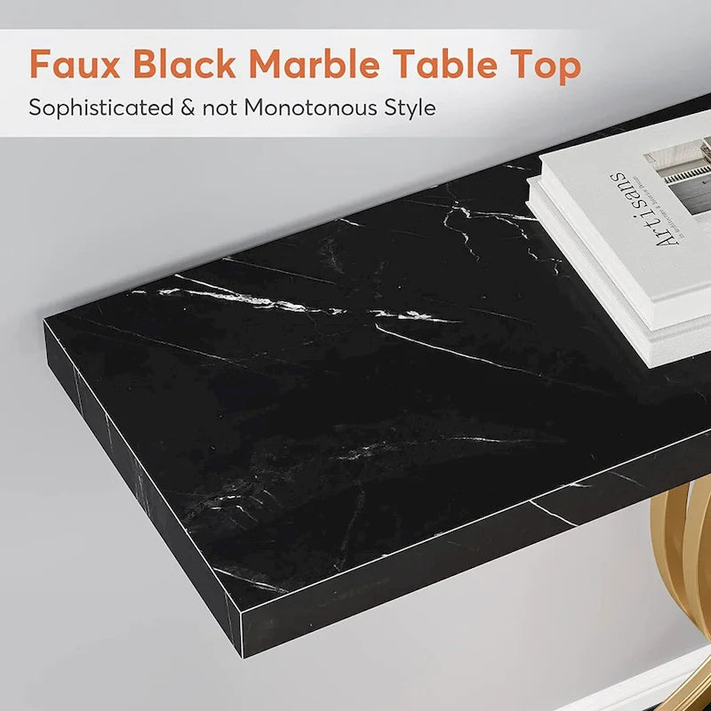 Console étroite Plateau en faux marbre Piètement géométrique courbé en métal doré