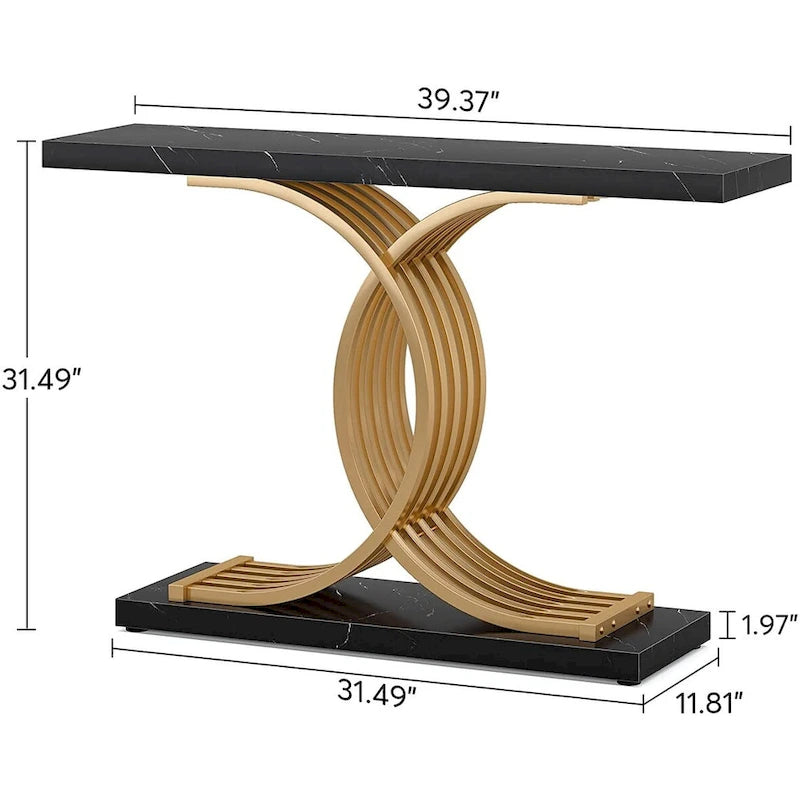 Console étroite Plateau en faux marbre Piètement géométrique courbé en métal doré