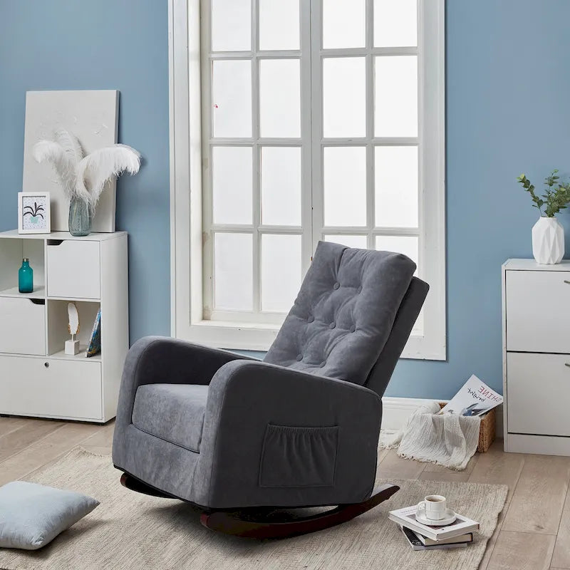 Fauteuil à bascule capitonné à dossier haut, pochette latérale, basculeurs en bois massif