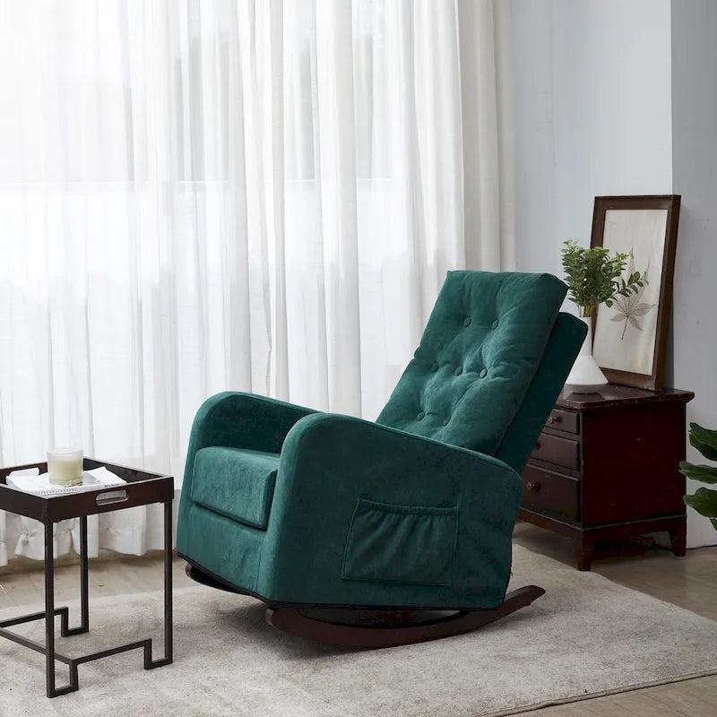 Fauteuil à bascule capitonné à dossier haut, pochette latérale, basculeurs en bois massif