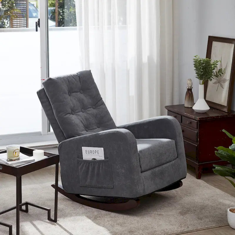 Fauteuil à bascule capitonné à dossier haut, pochette latérale, basculeurs en bois massif