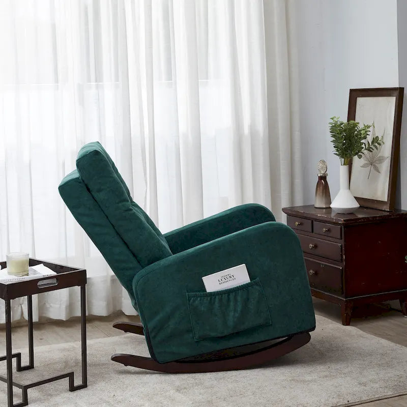 Fauteuil à bascule capitonné à dossier haut, pochette latérale, basculeurs en bois massif