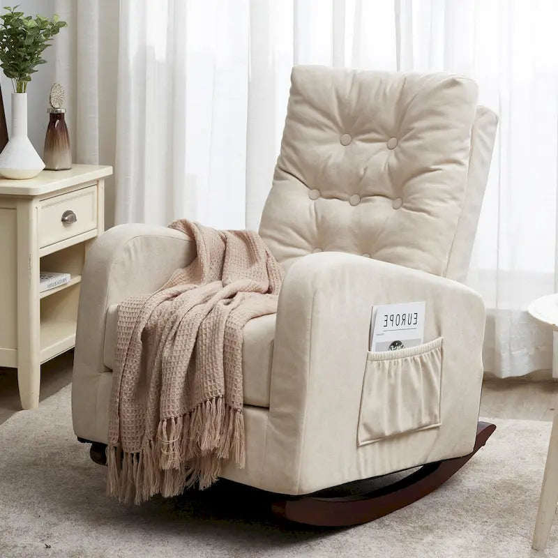 Fauteuil à bascule capitonné à dossier haut, pochette latérale, basculeurs en bois massif
