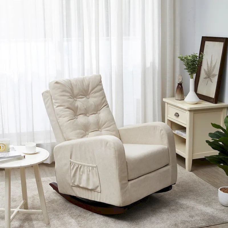 Fauteuil à bascule capitonné à dossier haut, pochette latérale, basculeurs en bois massif