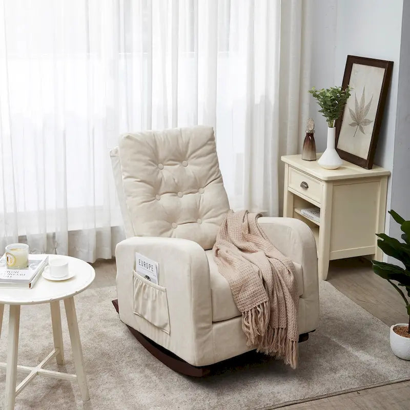 Fauteuil à bascule capitonné à dossier haut, pochette latérale, basculeurs en bois massif