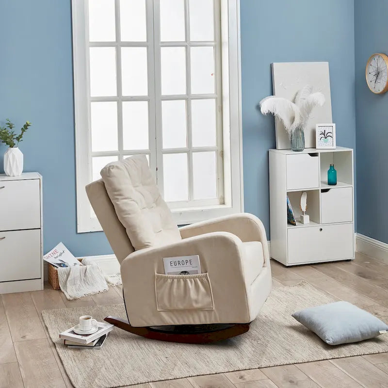 Fauteuil à bascule capitonné à dossier haut, pochette latérale, basculeurs en bois massif