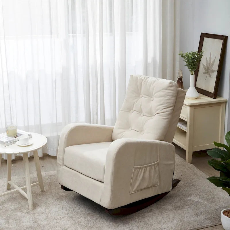 Fauteuil à bascule capitonné à dossier haut, pochette latérale, basculeurs en bois massif