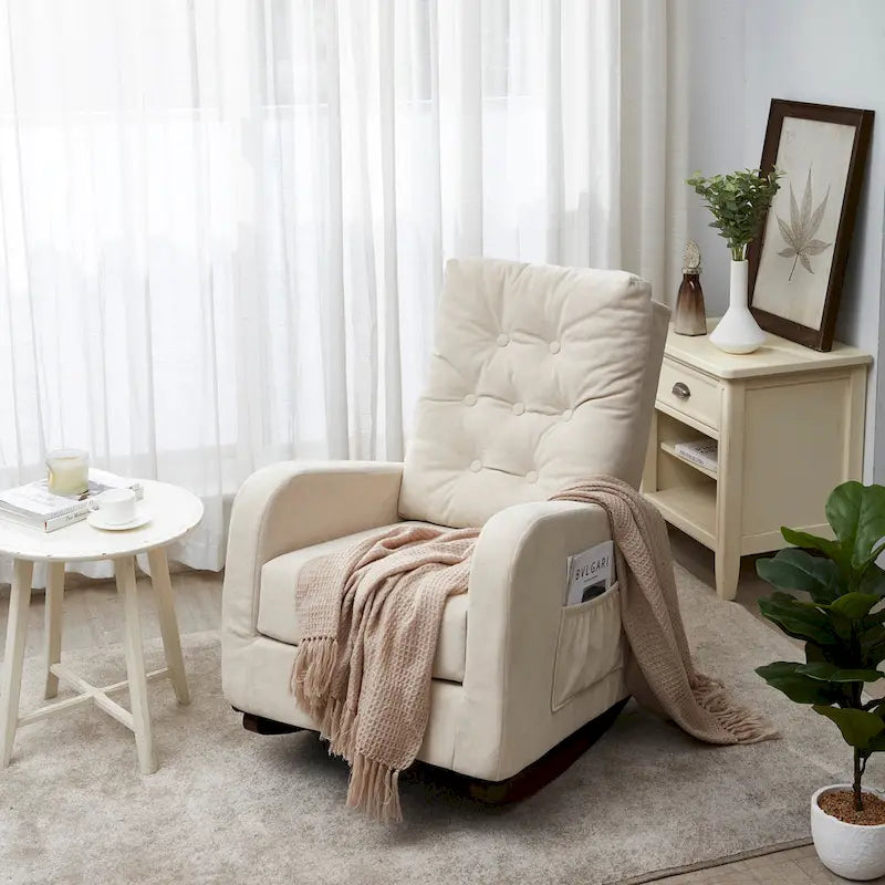 Fauteuil à bascule capitonné à dossier haut, pochette latérale, basculeurs en bois massif