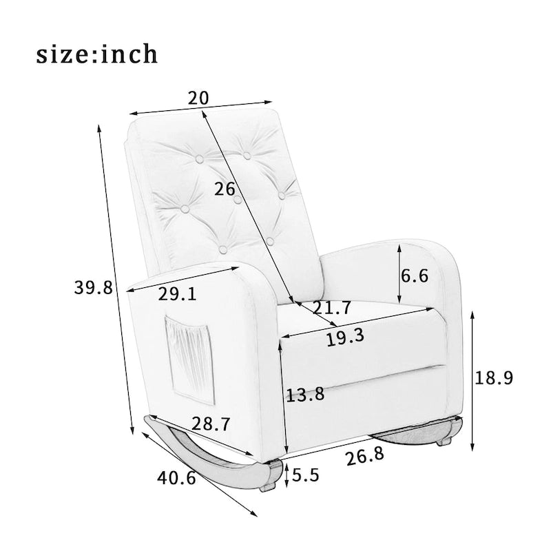 Fauteuil à bascule capitonné à dossier haut, pochette latérale, basculeurs en bois massif