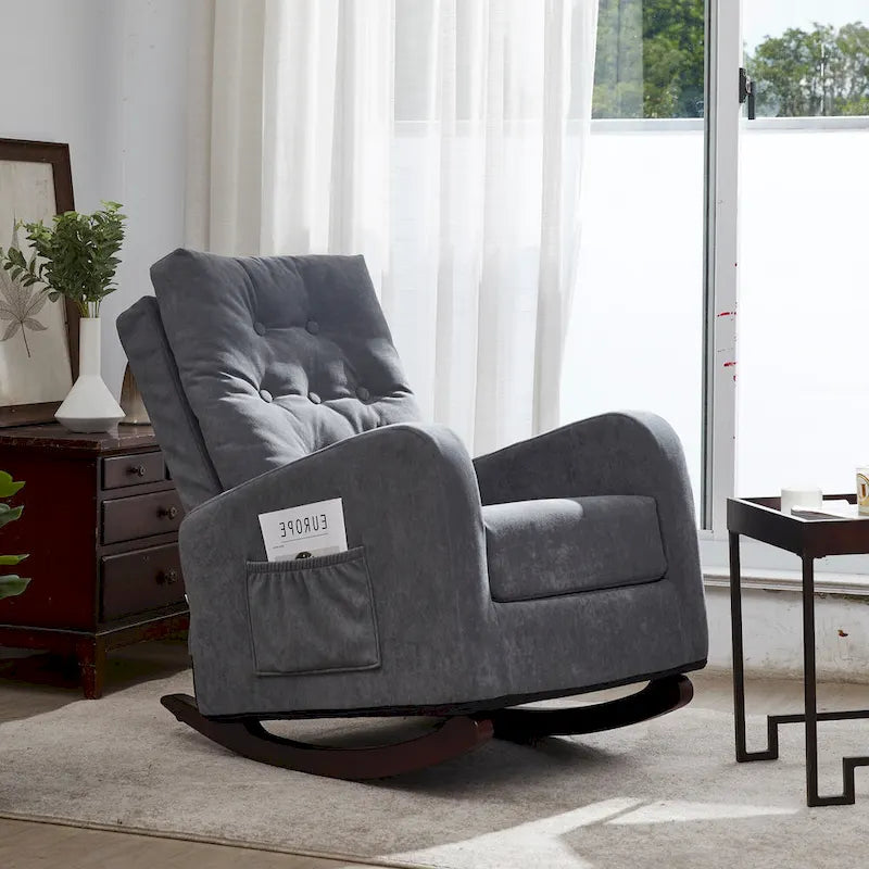 Fauteuil à bascule capitonné à dossier haut, pochette latérale, basculeurs en bois massif