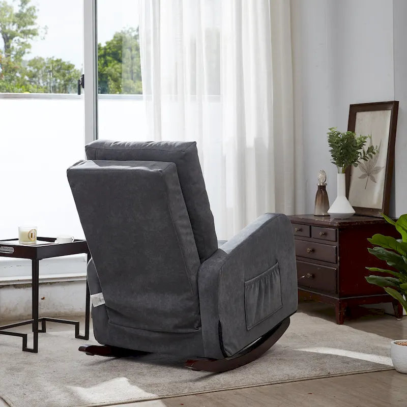 Fauteuil à bascule capitonné à dossier haut, pochette latérale, basculeurs en bois massif