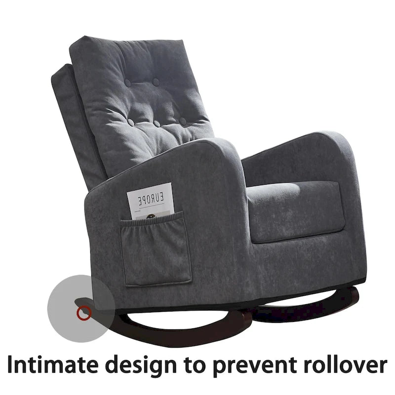 Fauteuil à bascule capitonné à dossier haut, pochette latérale, basculeurs en bois massif