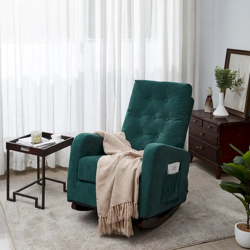 Fauteuil à bascule capitonné à dossier haut, pochette latérale, basculeurs en bois massif