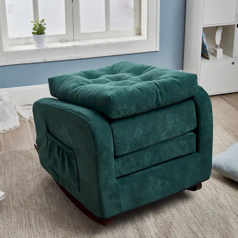 Fauteuil à bascule capitonné à dossier haut, pochette latérale, basculeurs en bois massif