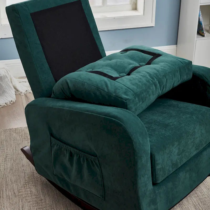 Fauteuil à bascule capitonné à dossier haut, pochette latérale, basculeurs en bois massif