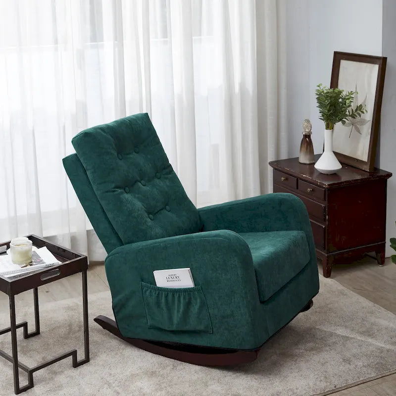 Fauteuil à bascule capitonné à dossier haut, pochette latérale, basculeurs en bois massif
