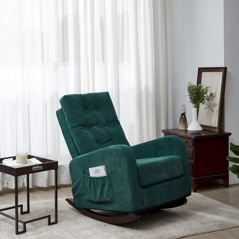 Fauteuil à bascule capitonné à dossier haut, pochette latérale, basculeurs en bois massif