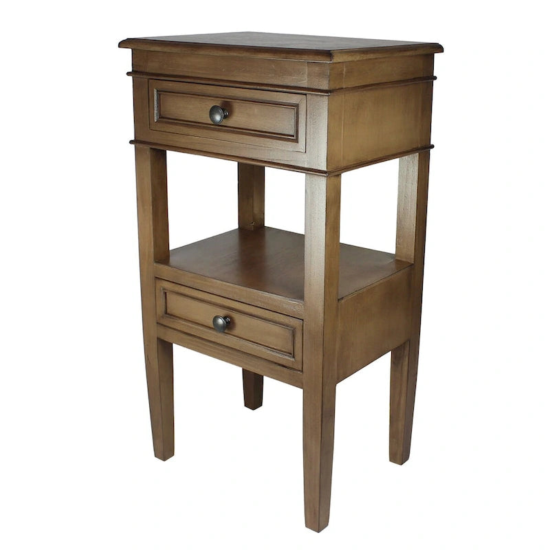 Table d'appoint en bois massif finition antique Deux tiroirs Étagère ouverte centrale