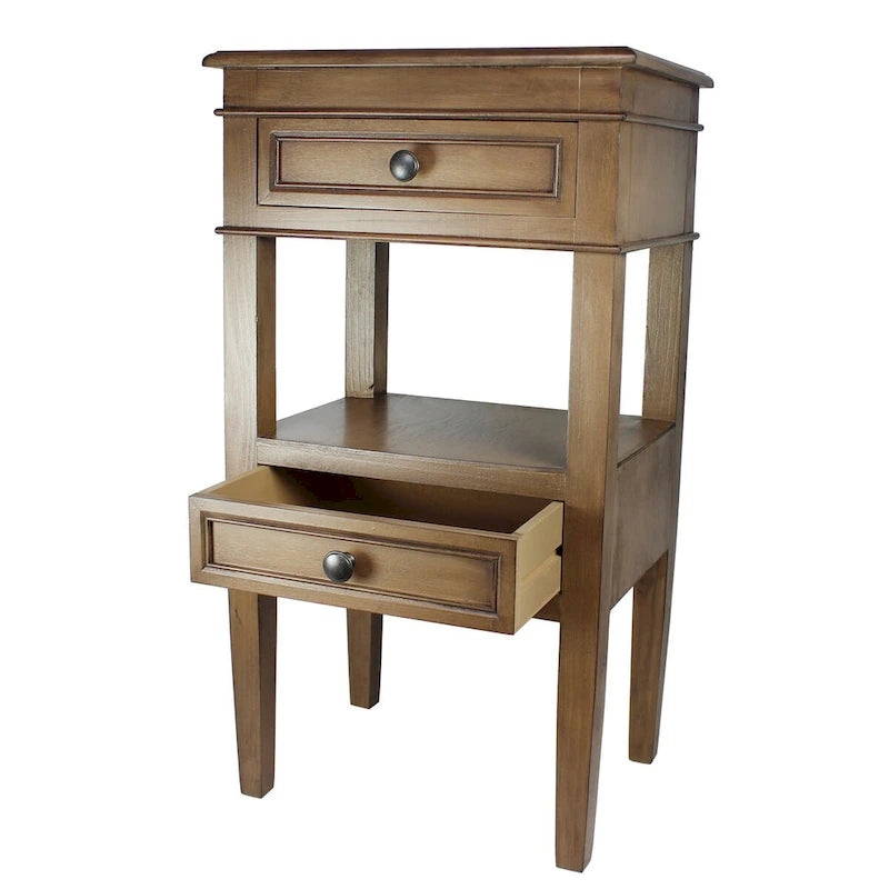 Table d'appoint en bois massif finition antique Deux tiroirs Étagère ouverte centrale