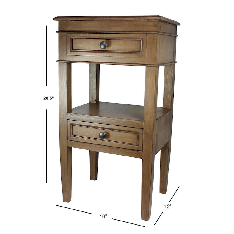 Table d'appoint en bois massif finition antique Deux tiroirs Étagère ouverte centrale