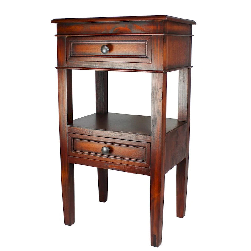 Table d'appoint en bois massif finition antique Deux tiroirs Étagère ouverte centrale