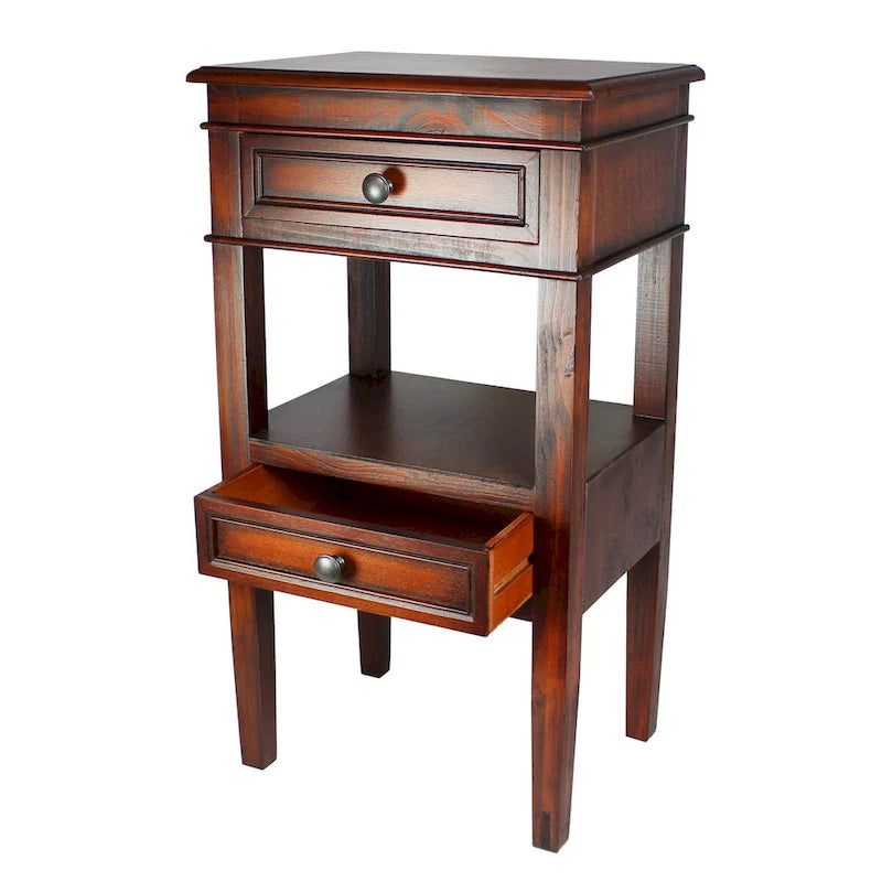 Table d'appoint en bois massif finition antique Deux tiroirs Étagère ouverte centrale