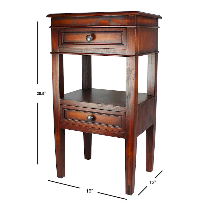 Table d'appoint en bois massif finition antique Deux tiroirs Étagère ouverte centrale