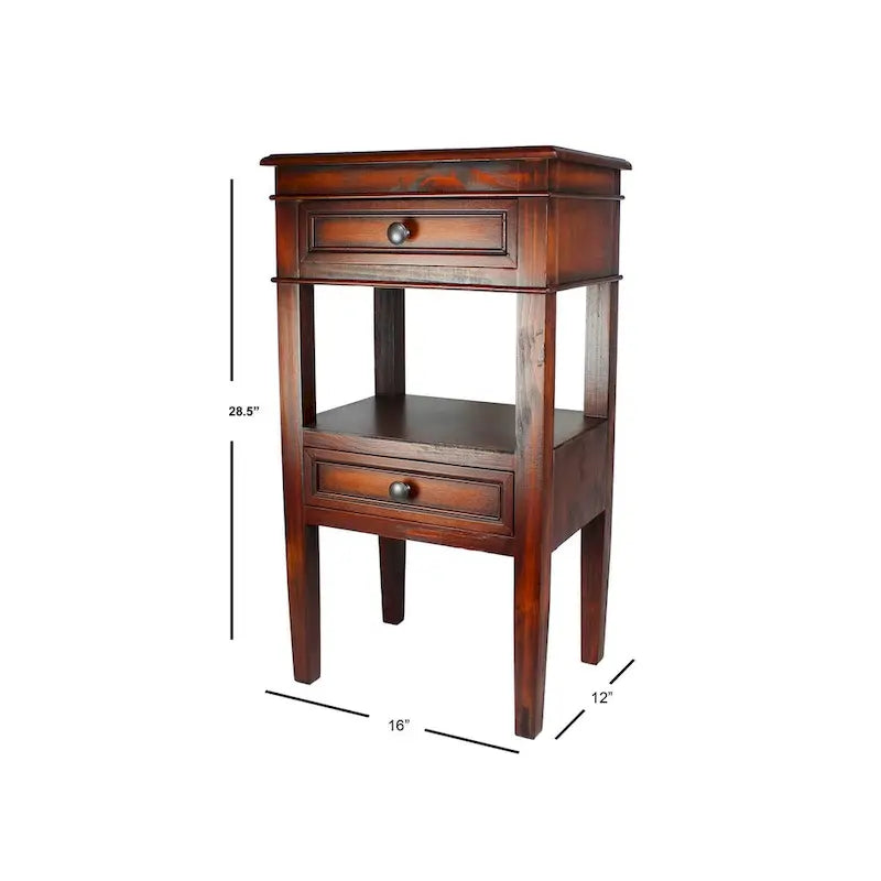 Table d'appoint en bois massif finition antique Deux tiroirs Étagère ouverte centrale