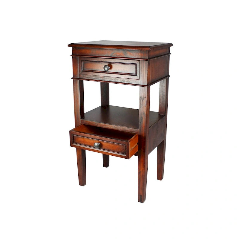 Table d'appoint en bois massif finition antique Deux tiroirs Étagère ouverte centrale