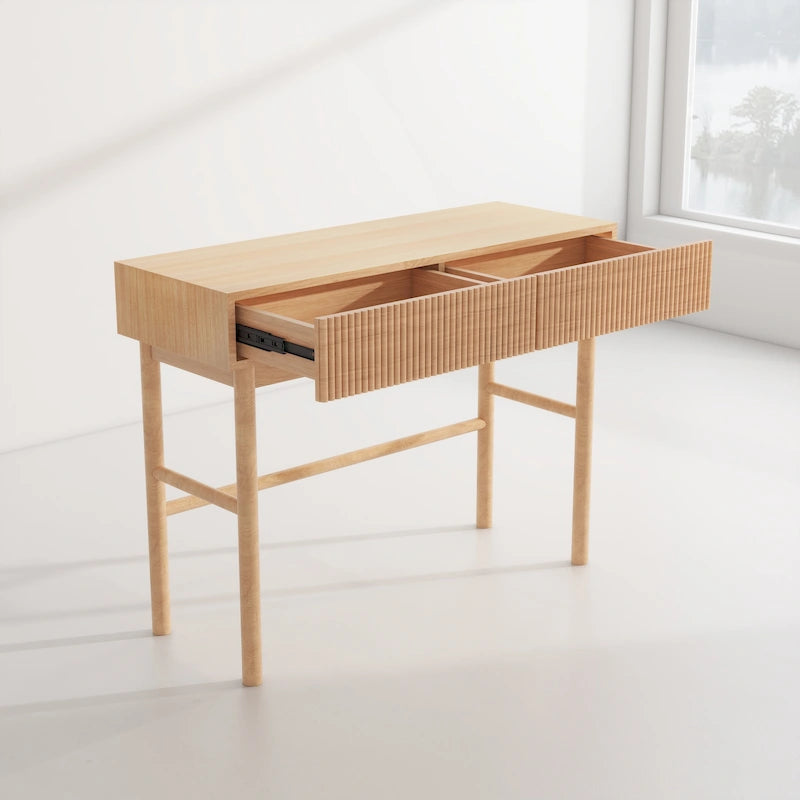 Console Table Façades de tiroirs cannelées Pieds en bois ronds Entretoise inférieure Naturel 42 pouces