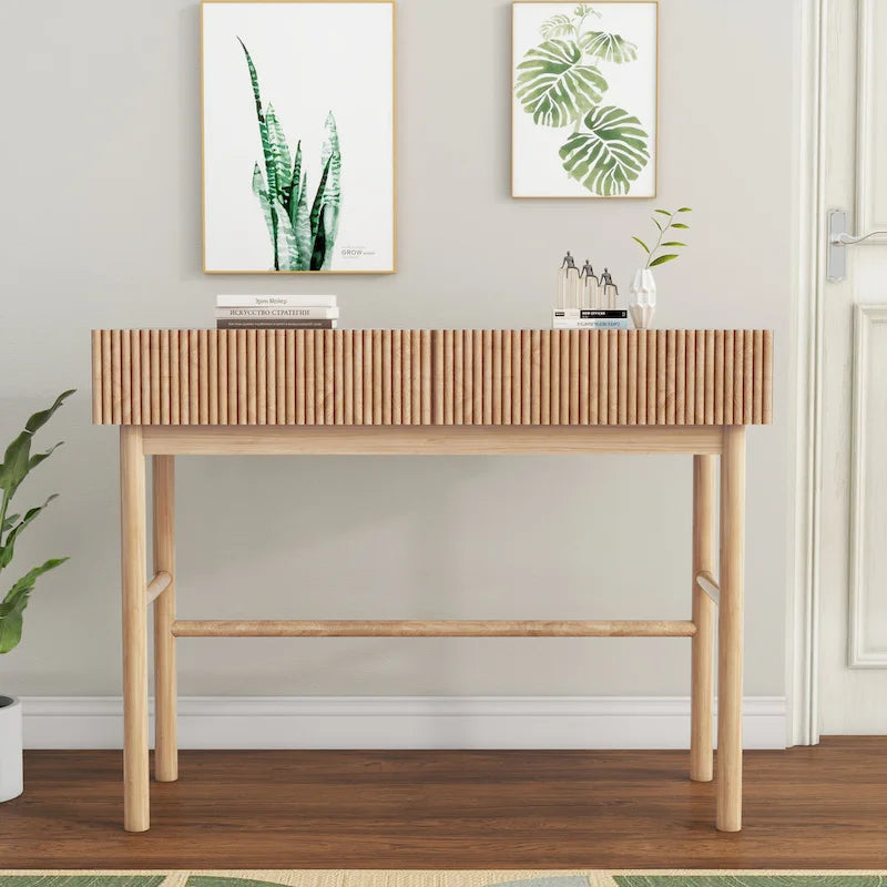 Console Table Façades de tiroirs cannelées Pieds en bois ronds Entretoise inférieure Naturel 42 pouces