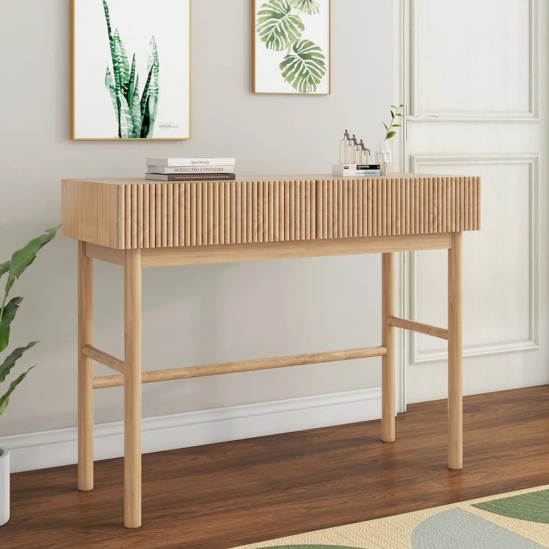 Console Table Façades de tiroirs cannelées Pieds en bois ronds Entretoise inférieure Naturel 42 pouces