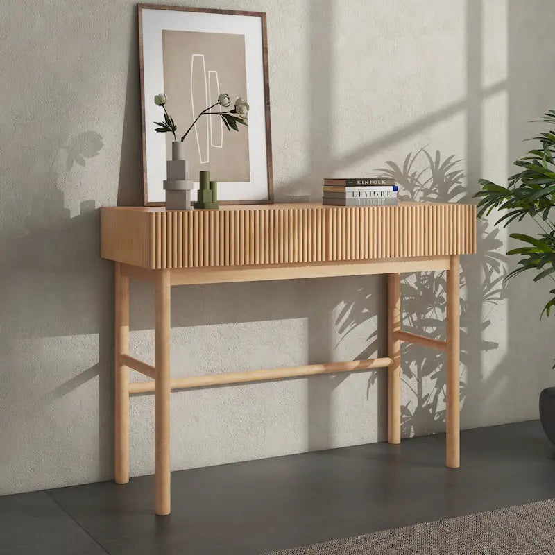 Console Table Façades de tiroirs cannelées Pieds en bois ronds Entretoise inférieure Naturel 42 pouces